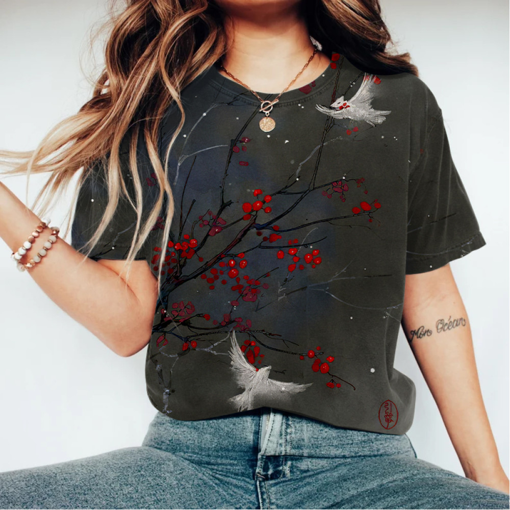 Women's Japanese Art Red Plum And Birds Vintage Washed T Shirt