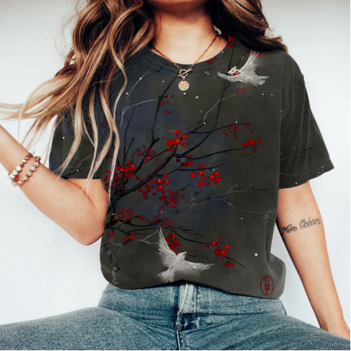 Women's Japanese Art Red Plum And Birds Vintage Washed T Shirt