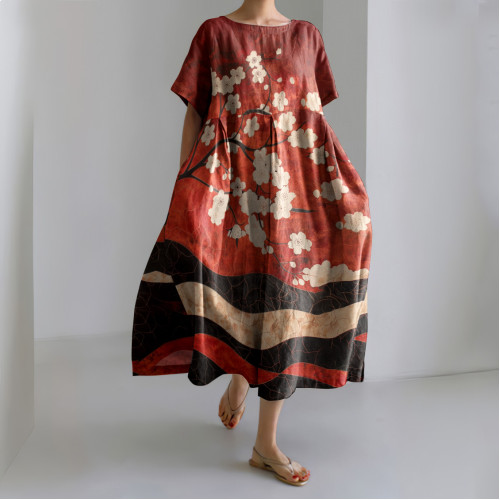 Women's Japanese Art Sakura Blossom Print Linen Blend Dress