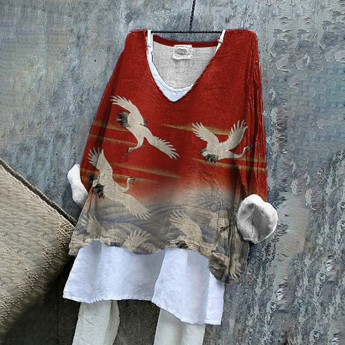 Women's Japanese Art Sakura Crane Loose Casual Shirt