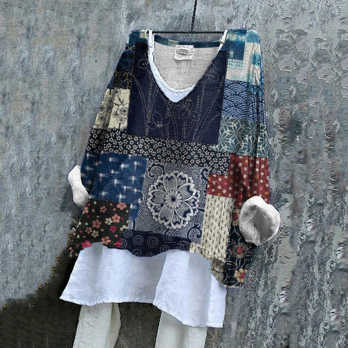 Women's Japanese Art V Neck Casual Shirt