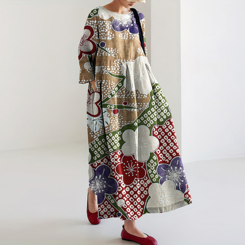 Women‘s Japanese Floral Patchwork Linen Blend Maxi Dress