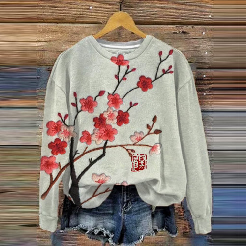 Women's Japanese Flower Embroidery Art Painting Three-Dimensional Feeling Printing Sweatshirt