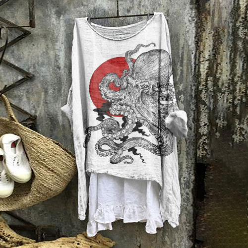 Women's Japanese Octopus Casual Round Neck Shirt