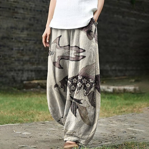 Women's Japanese Ukiyo-e Goldfish Retro Pocket Loose Casual Pants