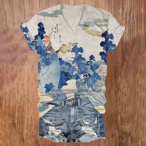 Women's Landscape Art Print Casual V Neck T-Shirt