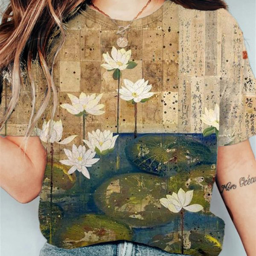 Women's Lotus Leaf Flowers Blossom Illustration Art Print T-Shirt