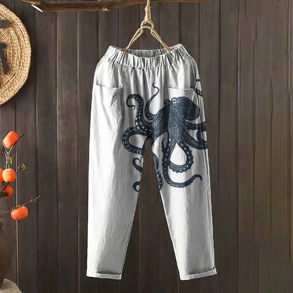 Women‘s Octopus Pocket Elastic Waist Linen Blend Comfy Pants