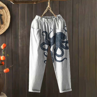 Women‘s Octopus Pocket Elastic Waist Linen Blend Comfy Pants