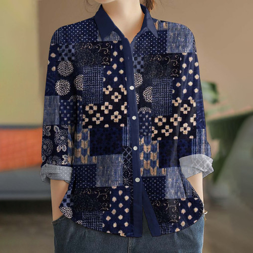 Women‘s Patch Floral Art V Neck Linen Blend Shirt