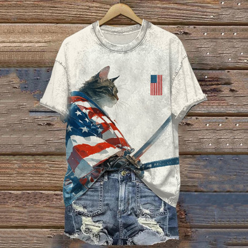 Women's Patriotic Flag Kimono Cat Samurai Ink Painting Print T-Shirt