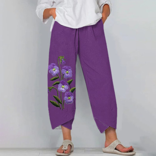 Women's Purple Flower Print Alzheimer's Awareness Support Pants