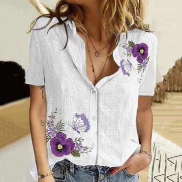 Women's Purple Flower Print Short Sleeve Shirt