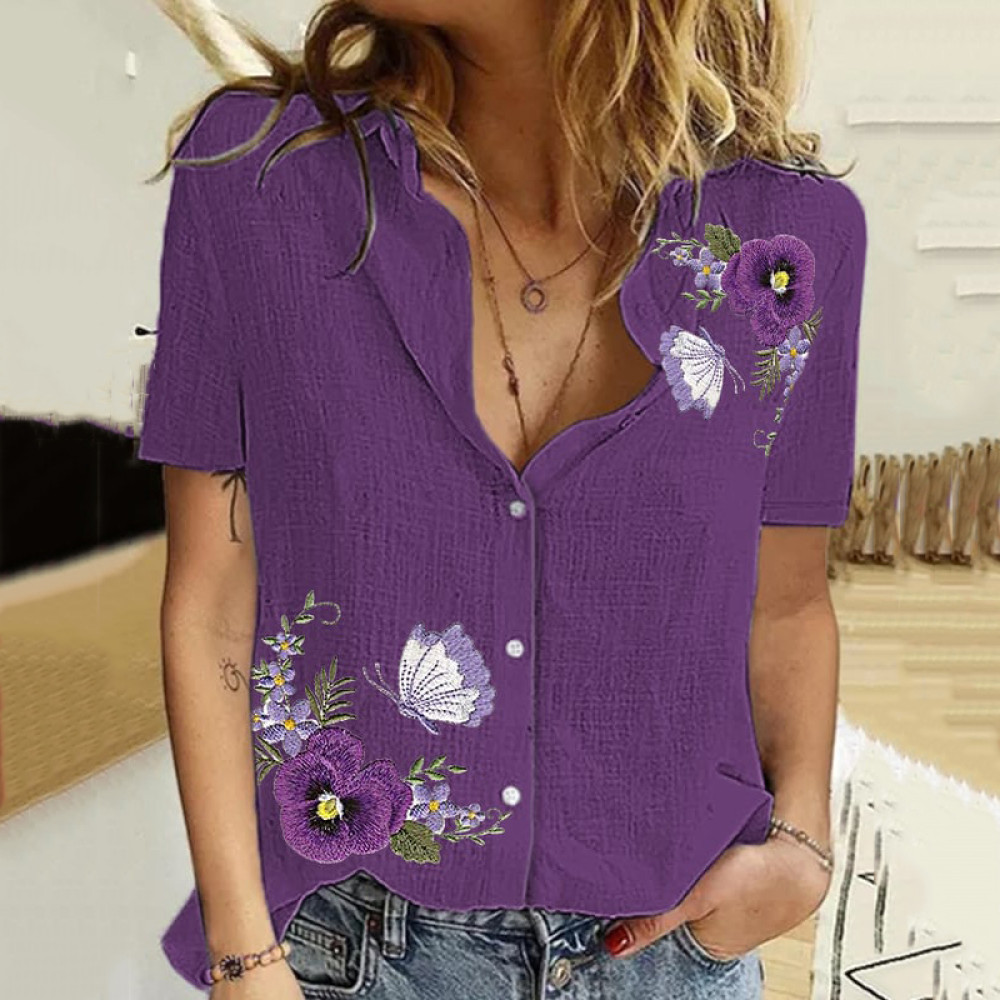 Women's Purple Flower Print Short Sleeve Shirt