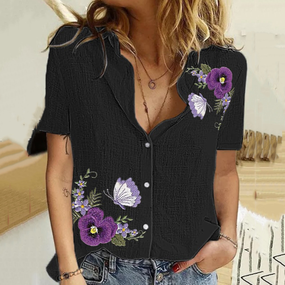 Women's Purple Flower Print Short Sleeve Shirt