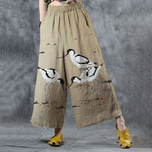 Women's Retro Crane Art Print Cotton and Linen Comfortable Wide Leg Pants