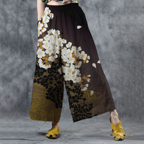 Women's Retro Floral Art Print Cotton and Linen Comfortable Wide Leg Pants