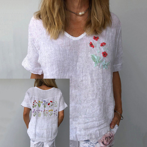 Women's Retro Floral Embroidery Art Casual V-Neck Cotton And Linen Top