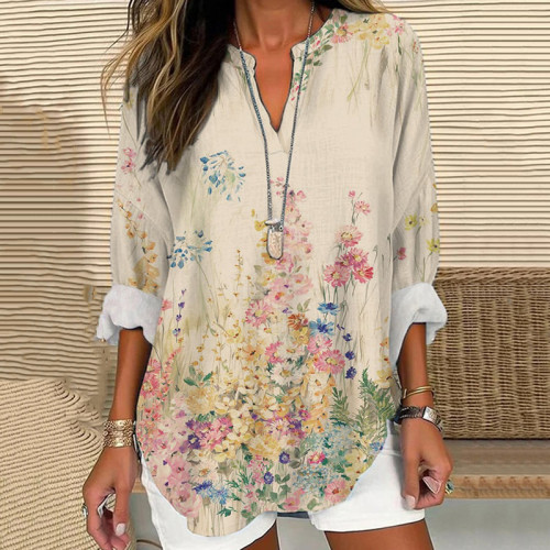 Women's Retro Floral Loose Casual Long Sleeve V-Neck Shirt