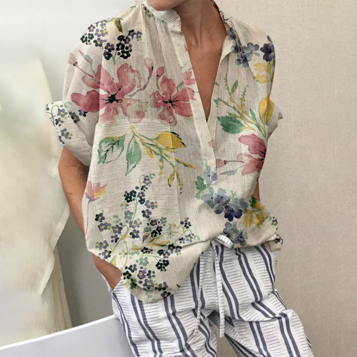 Women's Retro Floral Pocket Patchwork Loose Casual Shirt