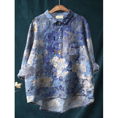 Women's Retro Floral Print Casual Cotton and Linen Shirt