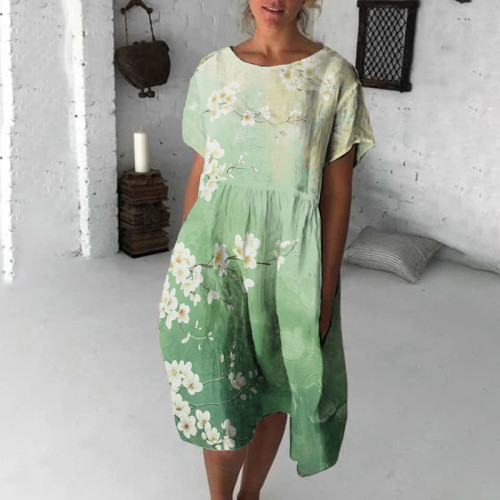 Women's Retro Flowers Print Short Sleeve Cozy Midi Dress