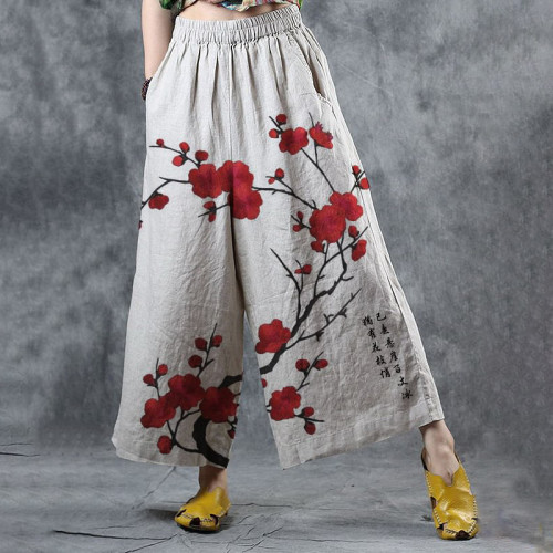 Women's Retro Red Plum Art Print Cotton and Linen Comfortable Wide Leg Pants