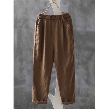 Women's Simple Linen Blend Elastic Waist Casual Pants