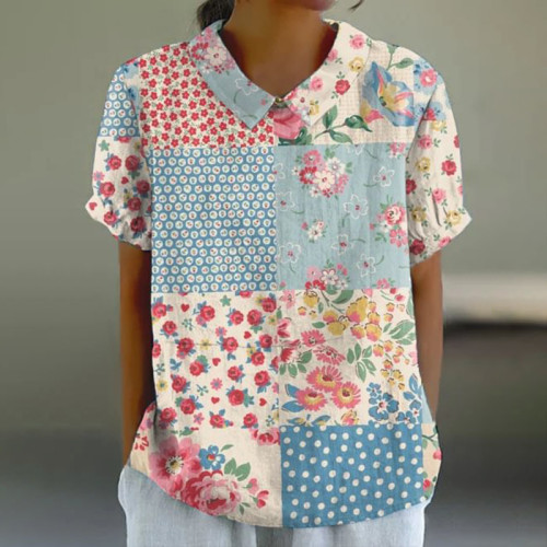 Women's Spring and Summer Vintage Floral Linen Tops