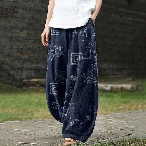 Women‘s Tribal Floral Art V Neck Linen Blend Pants