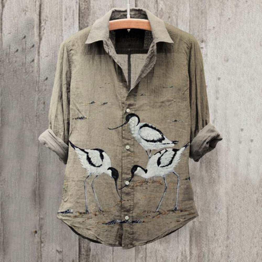 Women's Vintage Bird Art Print Long Sleeve Cotton And Linen Shirt