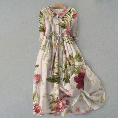 Women's Vintage Botanical Floral Design Print Lace-Up Dress