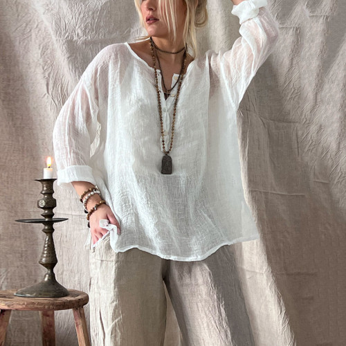 Women's Vintage Cotton And Linen Buttons Blouse