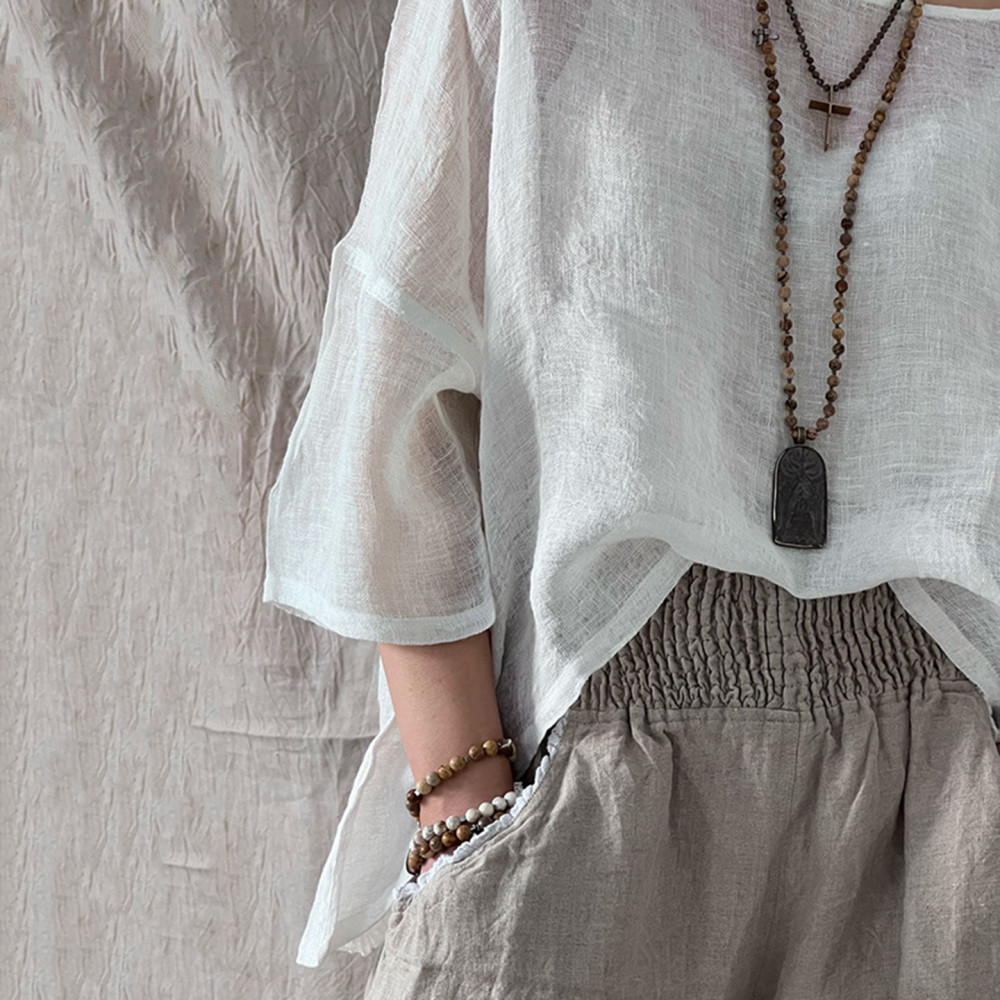 Women's Vintage Cotton And Linen Crew Neck Blouse