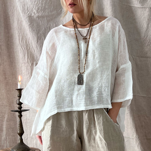 Women's Vintage Cotton And Linen Crew Neck Blouse