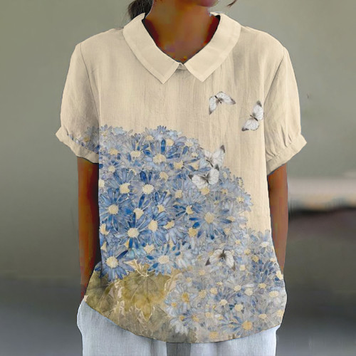 Women's Vintage Floral And Butterfly Art Print Flowy Shirt