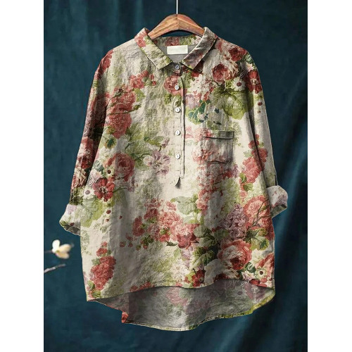 Women's Vintage Floral Art Print Casual Cotton And Linen Shirt