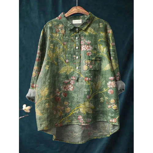 Women's Vintage Floral Art Print Casual Cotton And Linen Shirt