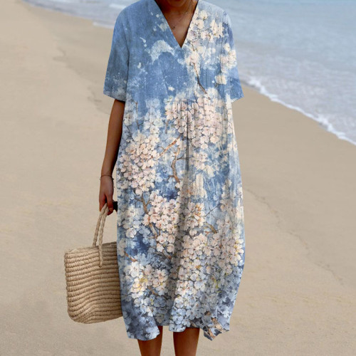 Women's Vintage Floral Art Print Flowy Midi Dress