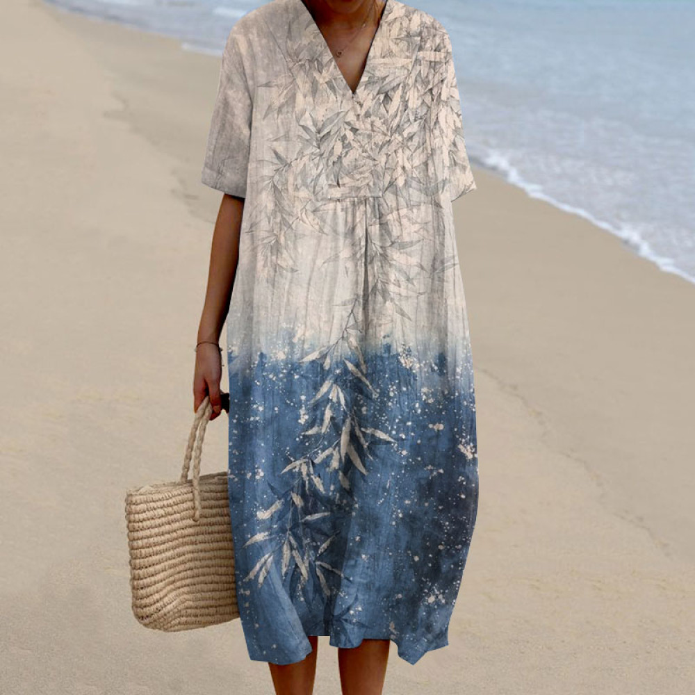 Women's Vintage Floral Art Print V Neck Flowy Midi Dress