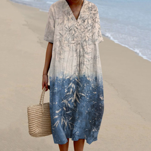 Women's Vintage Floral Art Print V Neck Flowy Midi Dress