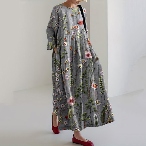 Women's Vintage Floral Embroidery Design Printed Linen Blend Maxi Dress