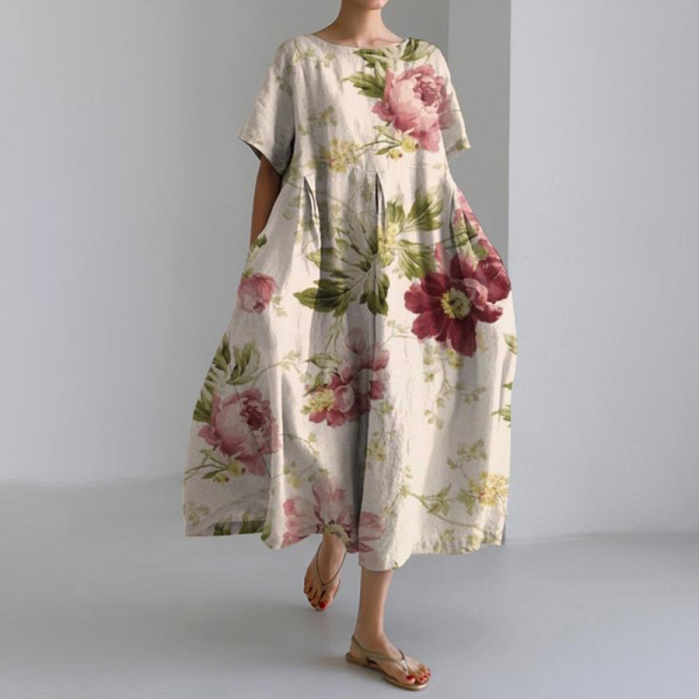 Women's Vintage Floral Print Loose Short Sleeve Dress