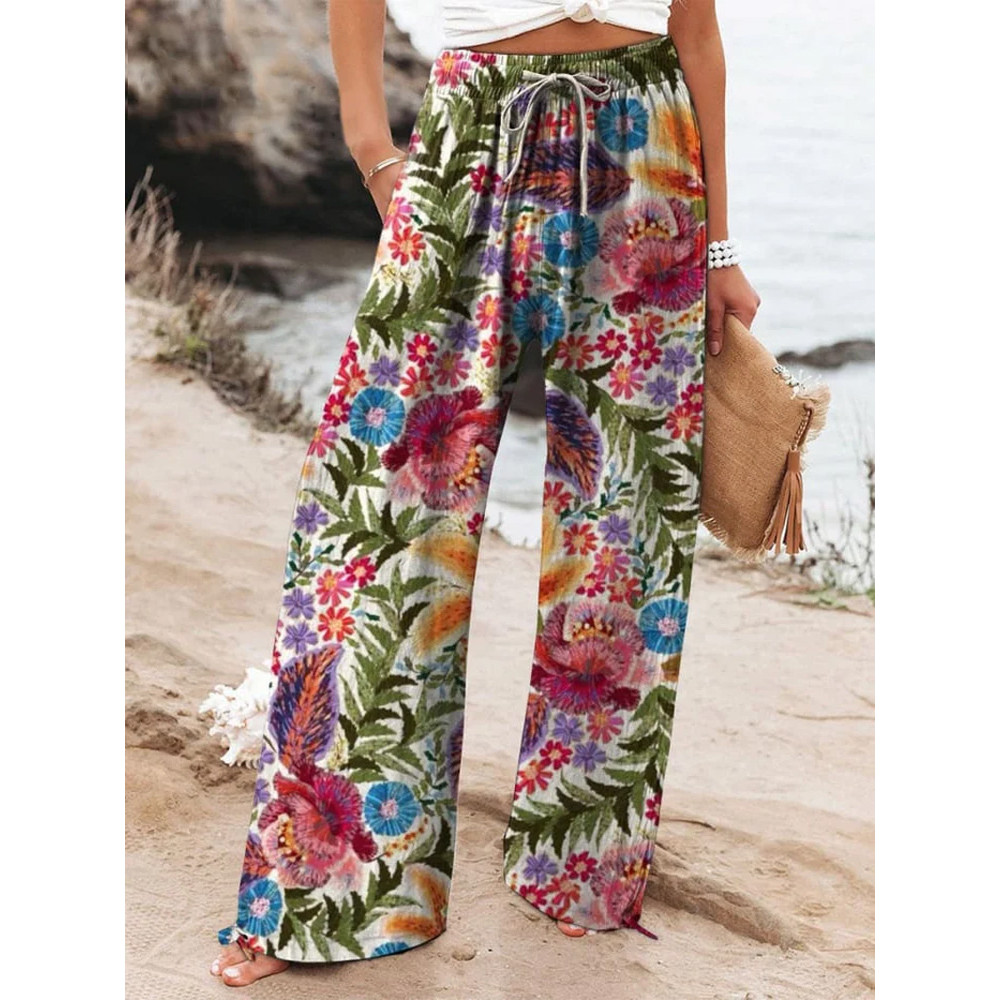 Women's Vintage Floral Print Wide Leg Pants