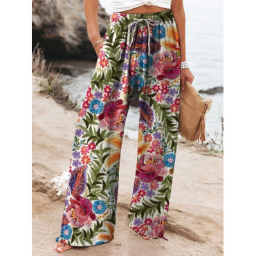 Women's Vintage Floral Print Wide Leg Pants