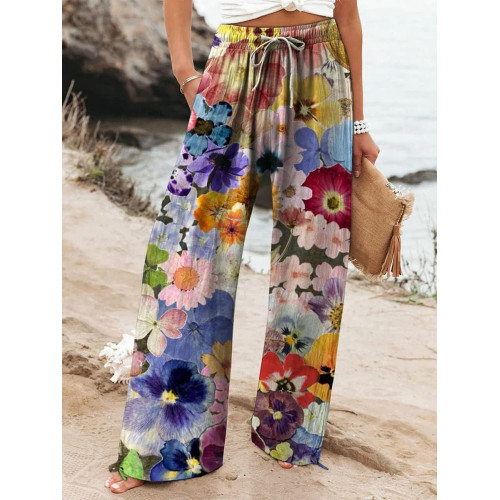 Women's Vintage Floral Print Wide Leg Pants