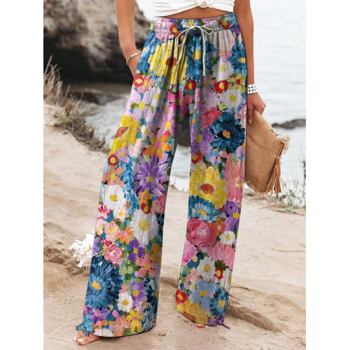 Women's Vintage Floral Print Wide Leg Pants
