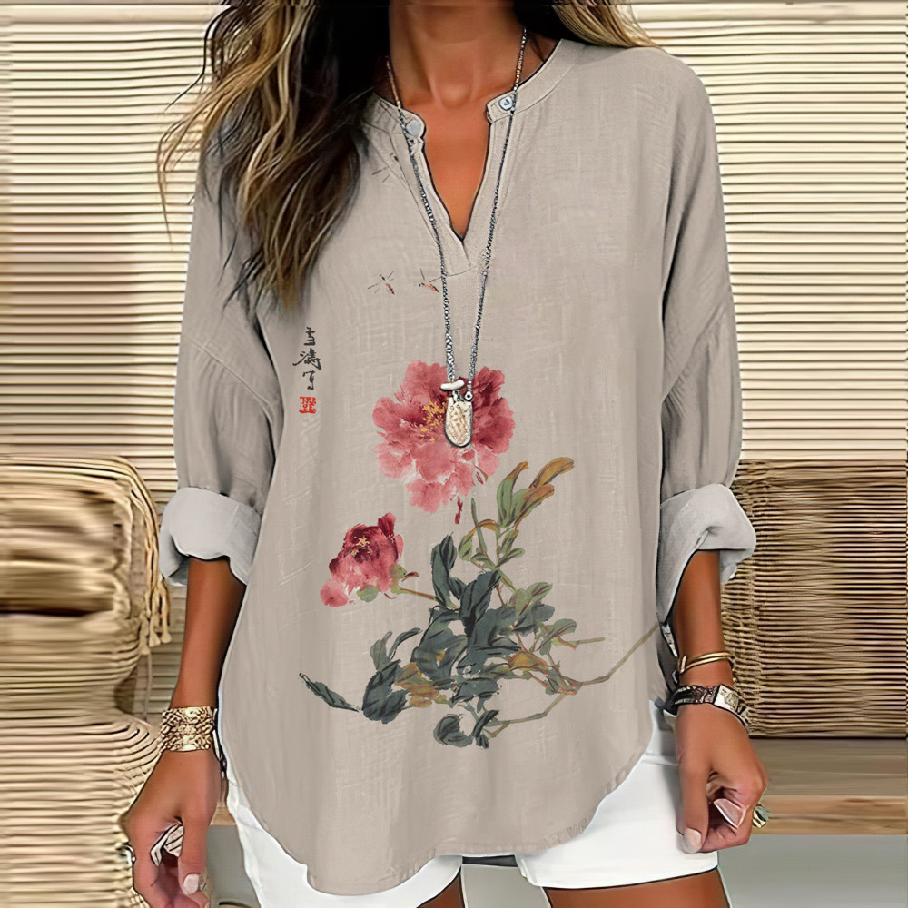 Women's Vintage Japanese Ink Flower Calligraphy Art Print Casual Shirt