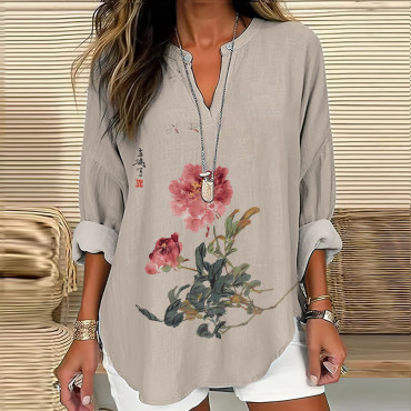 Women's Vintage Japanese Ink Flower Calligraphy Art Print Casual Shirt