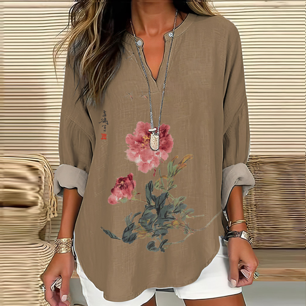 Women's Vintage Japanese Ink Flower Calligraphy Art Print Casual Shirt